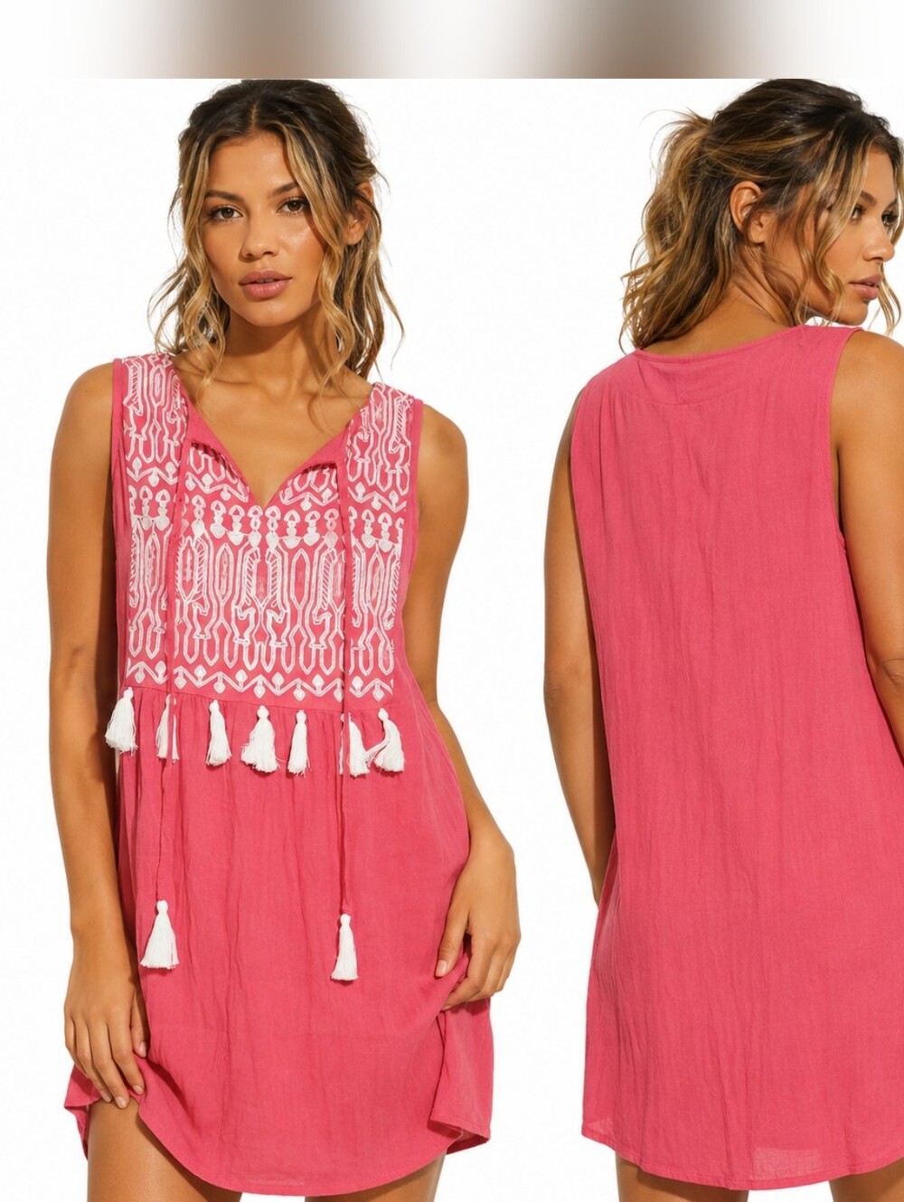 NWT Aruba Blue Embroidered Tassel Cover-Up Dress Pink Rayon Beach Made In India